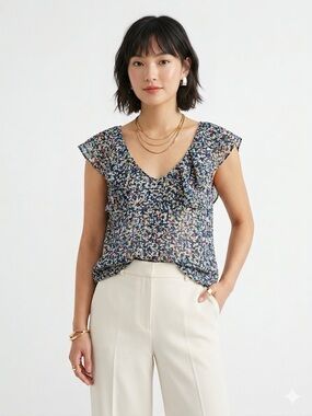BCBGeneration Boho Sheer Ruffle Sleeve Floral Blouse Cottagecore US L